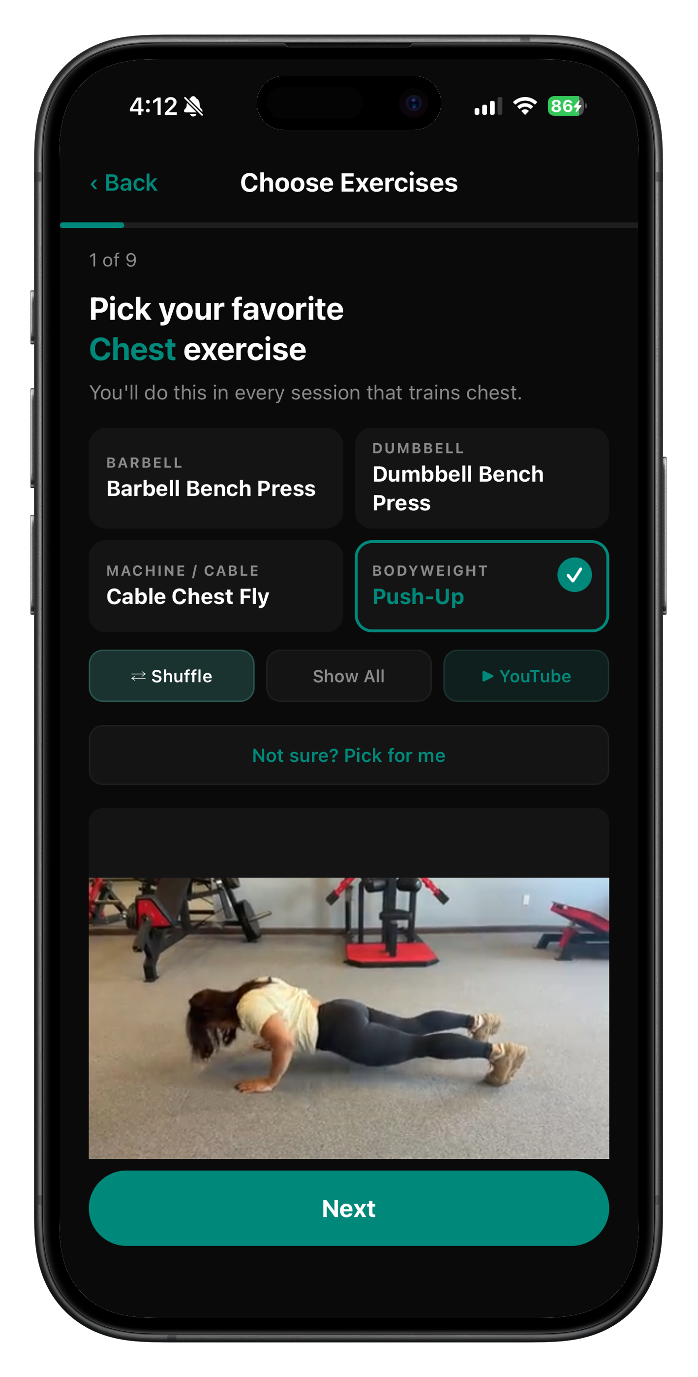 Liftaroo AI Guided mode — exercise selection screen